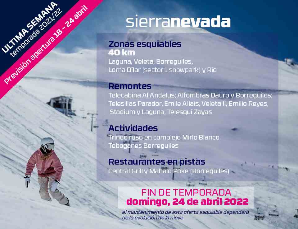 Sierra Nevada will keep 40 kilometres open for the last week of the 21/22 season.