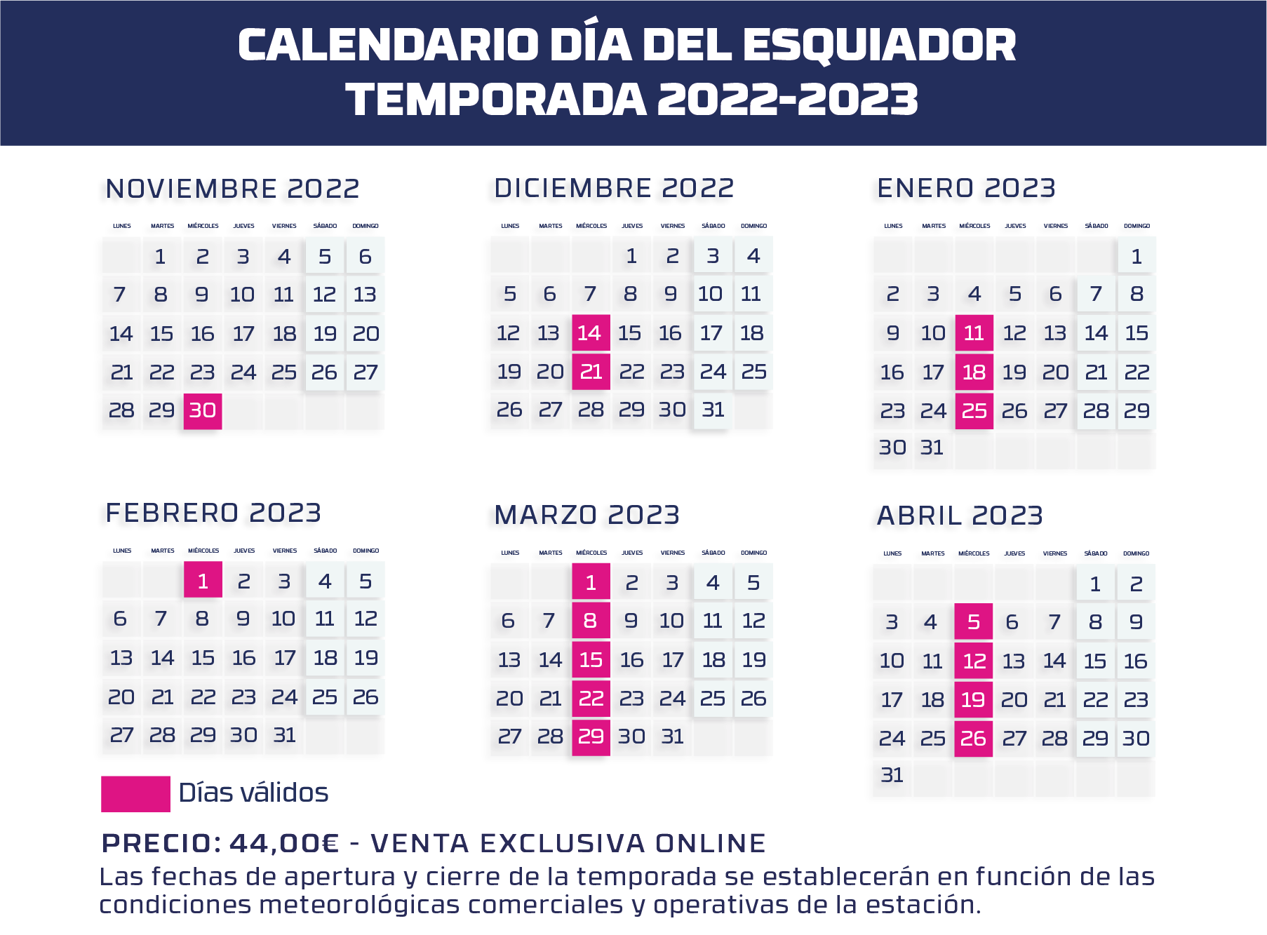 Nov. Calendario Dia Del Esquiador Temporada 2022 2023